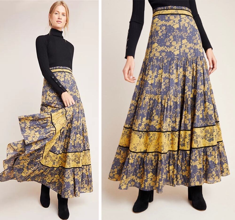 Carolina K Size Xs Anthropologie Catalina Midnight Maxi Skirt Tiered Floral